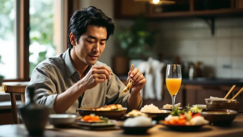 40代日本人男性が和食の定食（玄米・焼き魚・野菜の小鉢・味噌汁）をゆっくり食べている様子