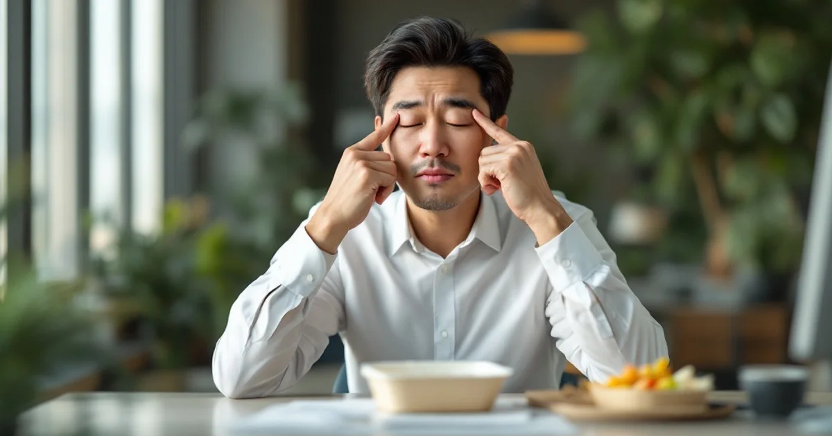 昼食後のオフィスで目頭を押さえ、強い眠気と闘う40代男性ビジネスマン