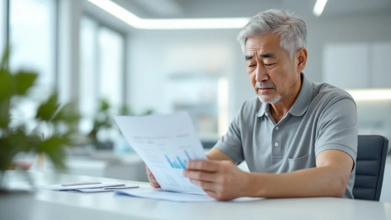 健康診断の検査結果をじっと見つめ、血糖値の数値を確認する50代男性