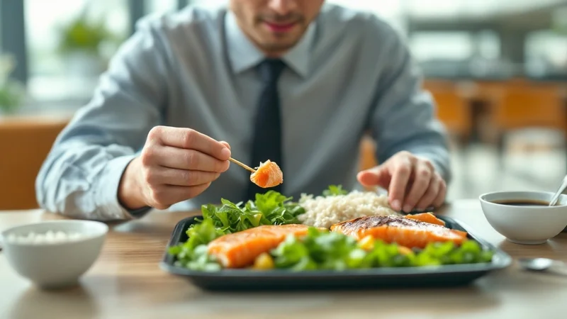 サラダと焼き鮭から先に箸をつける40代ビジネスマンのヘルシーな昼食シーン