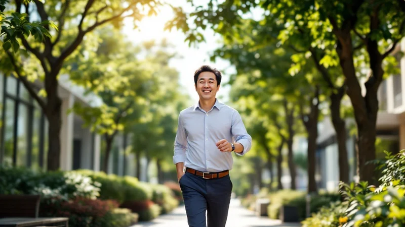 昼食後に並木道を爽やかにウォーキングする40代男性。食後15分の散歩習慣