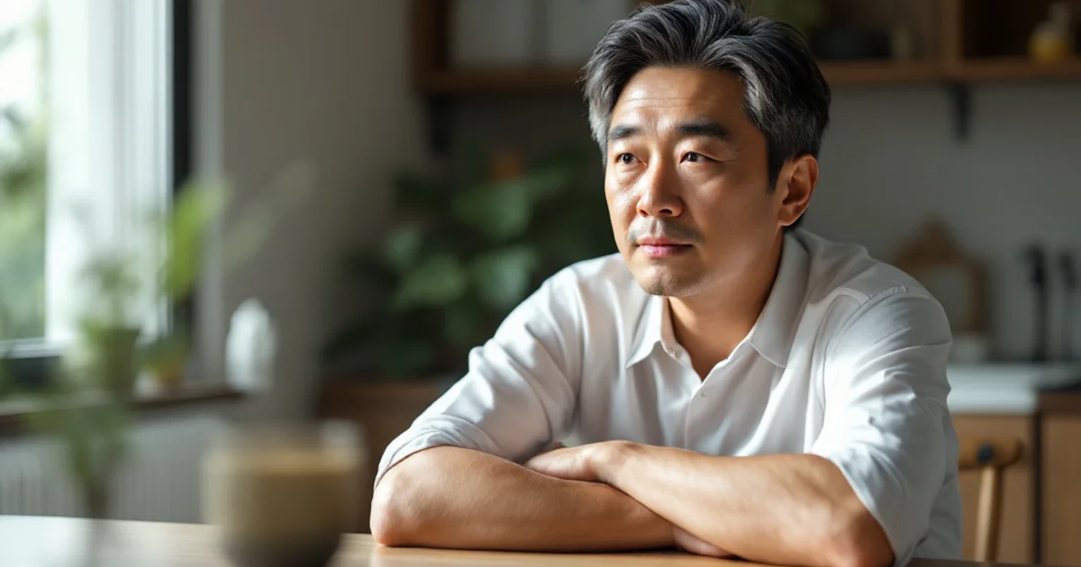 自宅のダイニングテーブルで腕を組み、これからどうするかを考えている40代後半の日本人男性