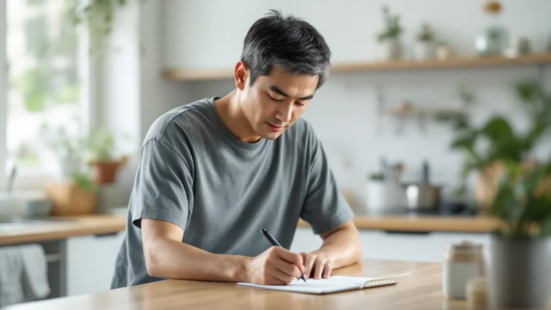 キッチンカウンターでノートに症状を書き留めている40代後半の日本人男性