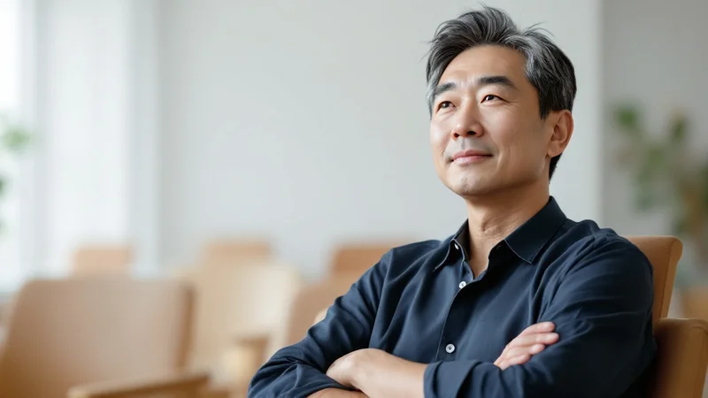 明るいクリニックの待合室で腕を組み、落ち着いて順番を待つ40代後半の日本人男性
