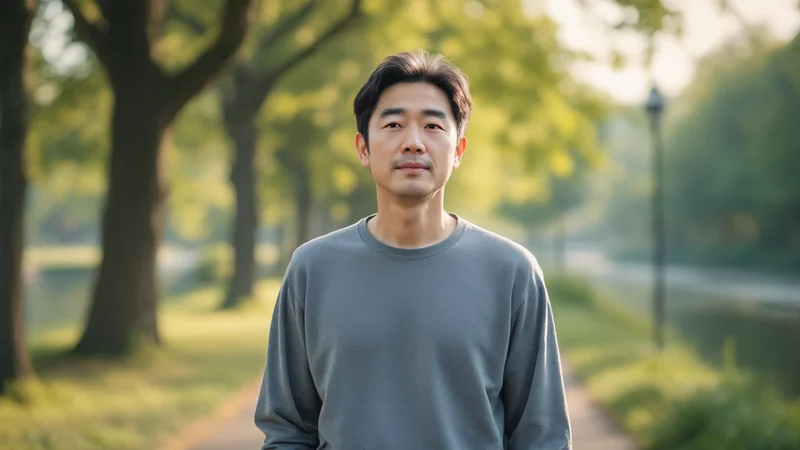 夕方の川沿いの並木道を歩く40代後半の日本人男性