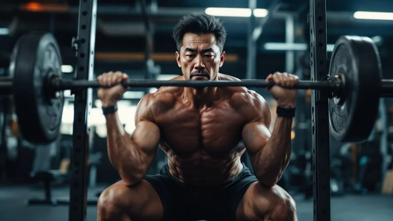 ジムでバーベルスクワットをする40〜50代の日本人男性