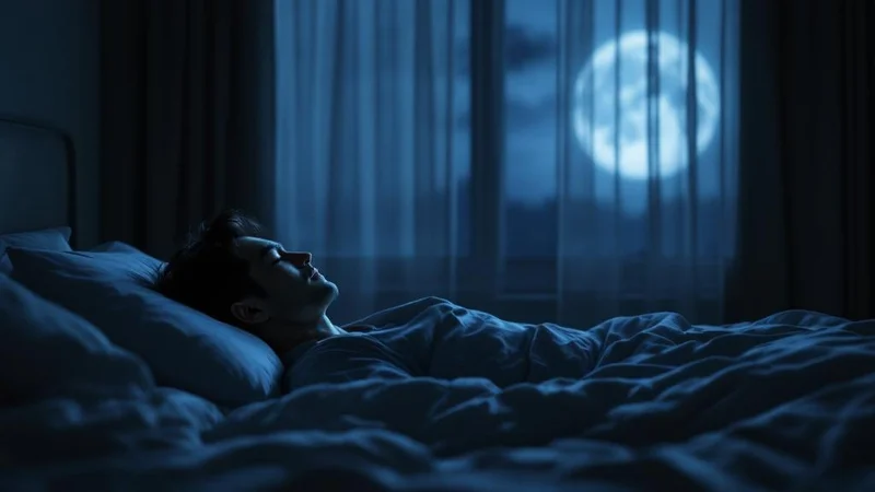 月明かりの差し込む暗い寝室で安らかに眠る男性