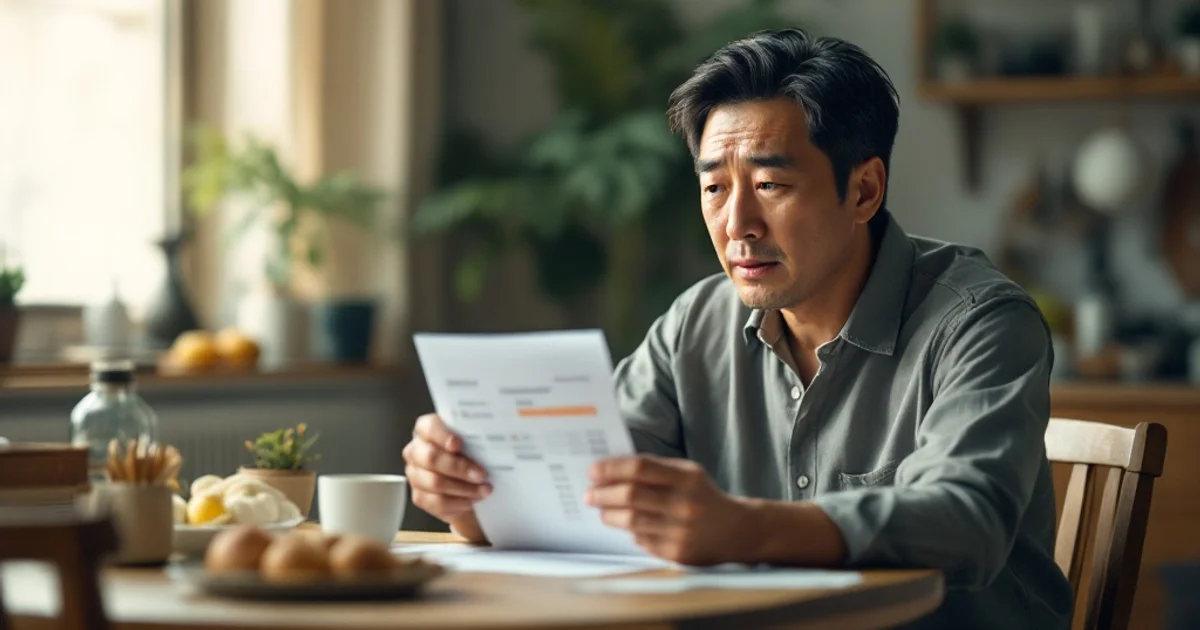 健康診断の結果票を手に、血糖値の数値を見て表情を曇らせる40代の日本人男性