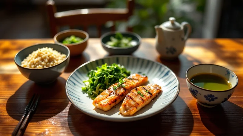 野菜の小鉢・焼き魚・玄米が並ぶバランスのよい和定食を前にする食卓