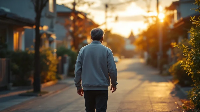 夕食後に住宅街を軽い足取りでウォーキングする40代の日本人男性