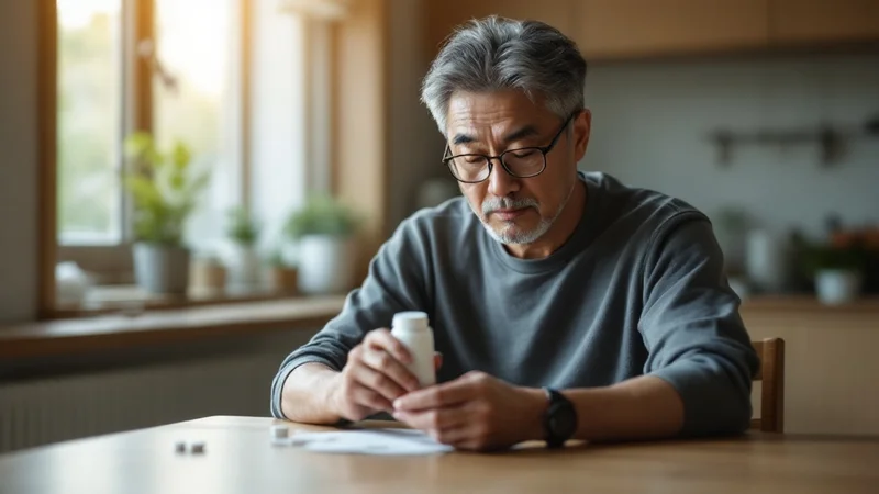 40〜50代の日本人男性がキッチンテーブルで眼鏡をかけながら処方薬のボトルのラベルを確認しているシーン