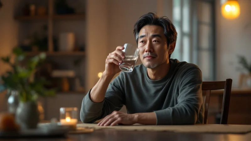 40〜50代の日本人男性が夜の食卓でコップの水を意識的に飲んでいるシーン。夜間頻尿対策の生活習慣を表現