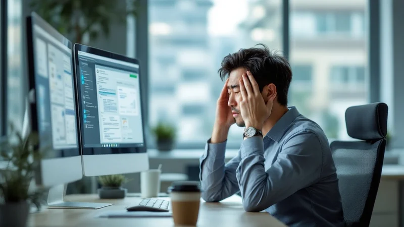 デスクで頭を抱える40代日本人ビジネスマン。パソコン画面の前で集中力が切れ、脳の疲れを感じている職場シーン