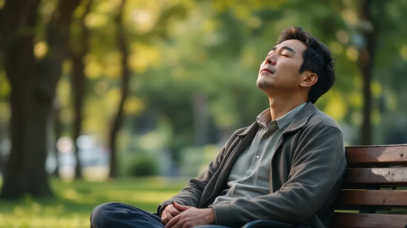 緑豊かな公園のベンチに座り目を閉じて深呼吸する40代日本人男性。夕暮れの穏やかな自然光。脳疲労回復・マインドフルネスのイメージ