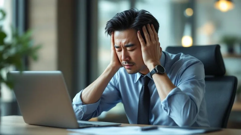 デスクで両手で頭を抱え疲労を感じている40代後半の日本人男性
