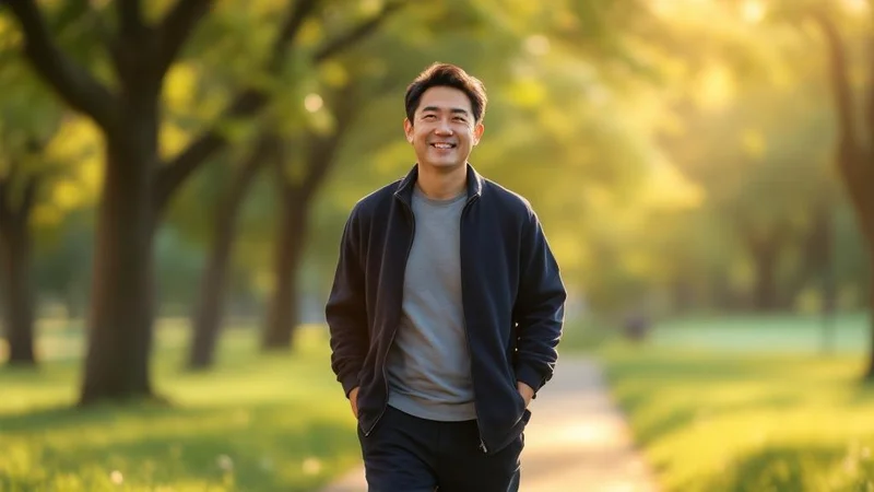 休日に公園を散歩して穏やかな表情を取り戻している40代後半の日本人男性