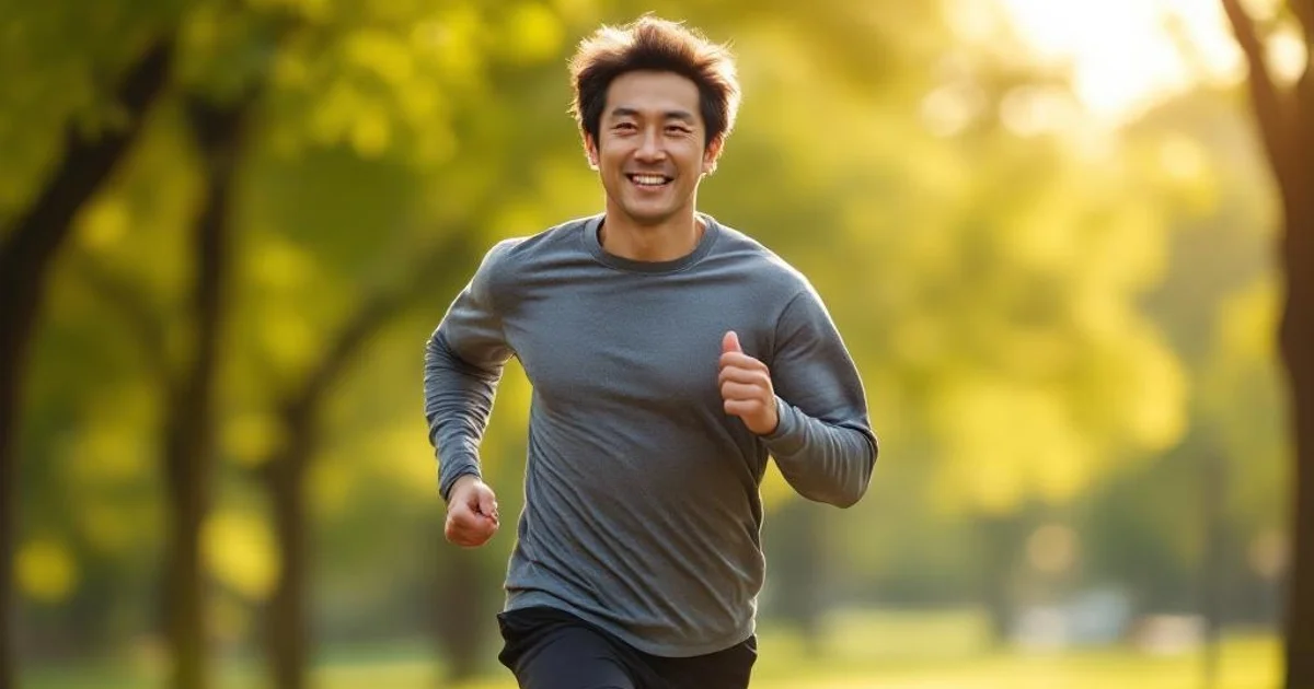 早朝の公園を颯爽とジョギングしている40代の日本人男性の写真