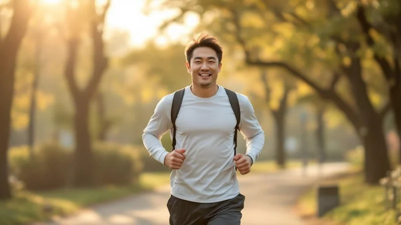 早朝の公園を颯爽とジョギングしている40代の日本人男性の写真