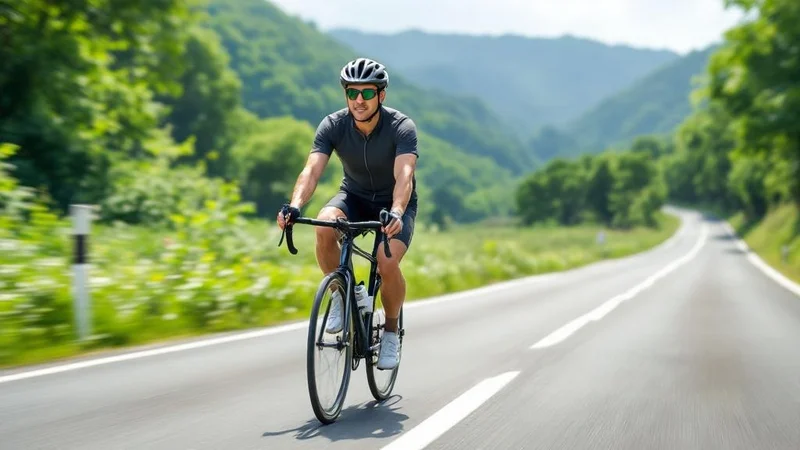 40代の日本人男性がサイクリングロードを爽快に自転車で走っているシーン
