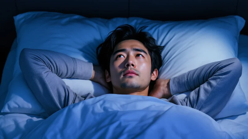 夜、ベッドで目を覚まし、天井を見つめている40代の男性