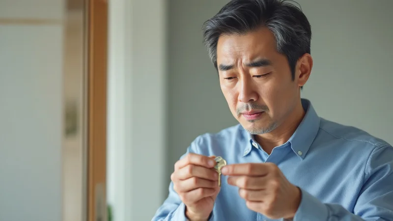 玄関で鍵を指先でつまみ、回しにくそうにしている40代後半の男性