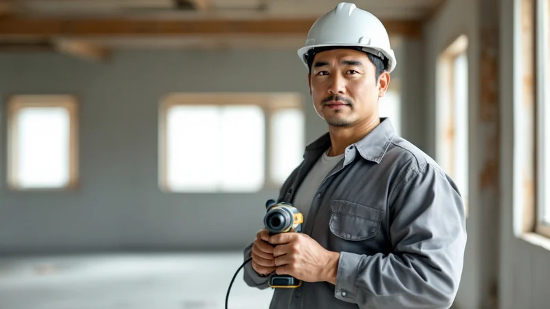 内装工事の現場で、電動工具を手に持って立っている40代後半の男性
