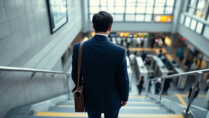 駅の階段の上で立ち止まり、改札を見下ろしながら胸の重さが引くのを待つスーツ姿の40代男性の後ろ姿
