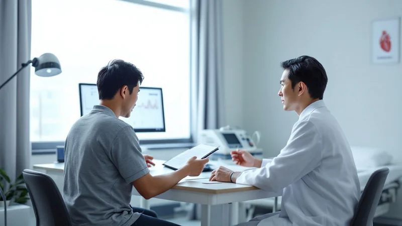 診察室で医師と向かい合い、胸の痛みの経過を書いたメモを見せながら相談する40代男性の後ろ姿
