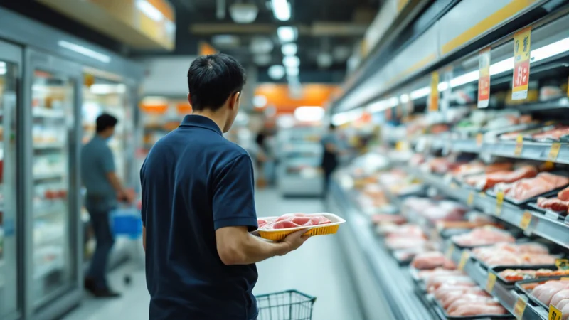 スーパーの精肉売り場で、豚バラ肉のパックを手に取りながら鶏むね肉の棚を見ている40代男性の後ろ姿