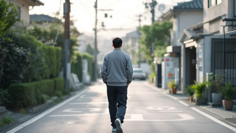 早朝の住宅街を、ゆったりした速度で歩いている40代男性の後ろ姿