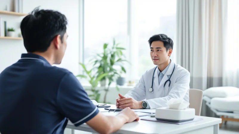 明るい診察室で、医師と向かい合って脂質の数値について説明を受けている40代男性の後ろ姿