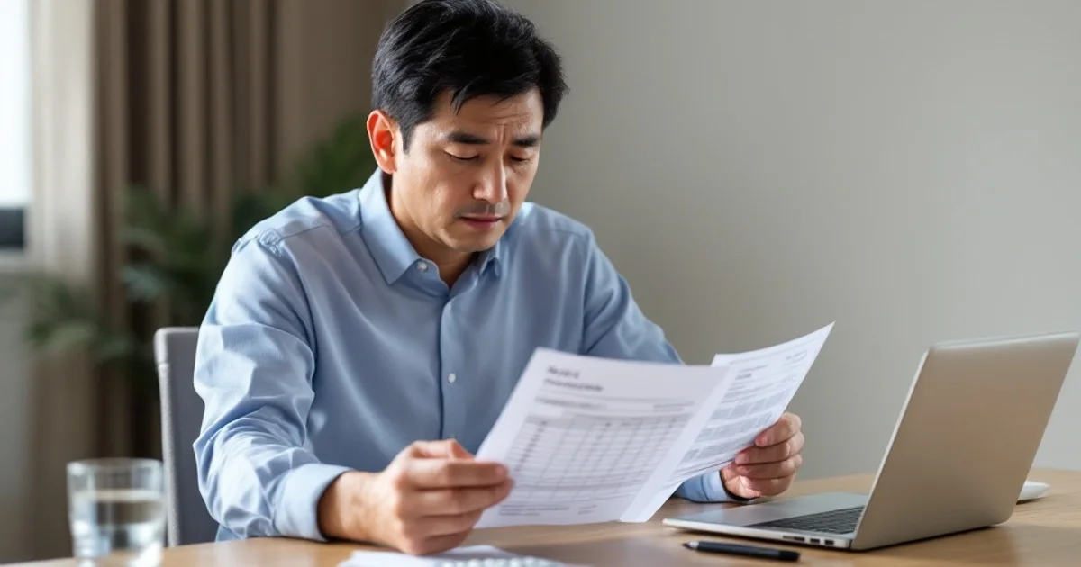健康診断の結果票を見ながら、処方されたコレステロールの薬のシートを手に取り考え込む40代後半の日本人男性