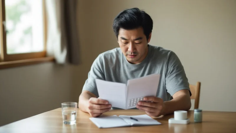 処方されたコレステロールの薬のシートとお薬手帳、コップの水がダイニングテーブルに並び、説明書を読む40代男性の手元