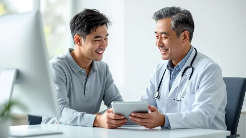 診察室でタブレットの検査結果を見せながら、40代後半の男性患者に薬の説明をする日本人の医師