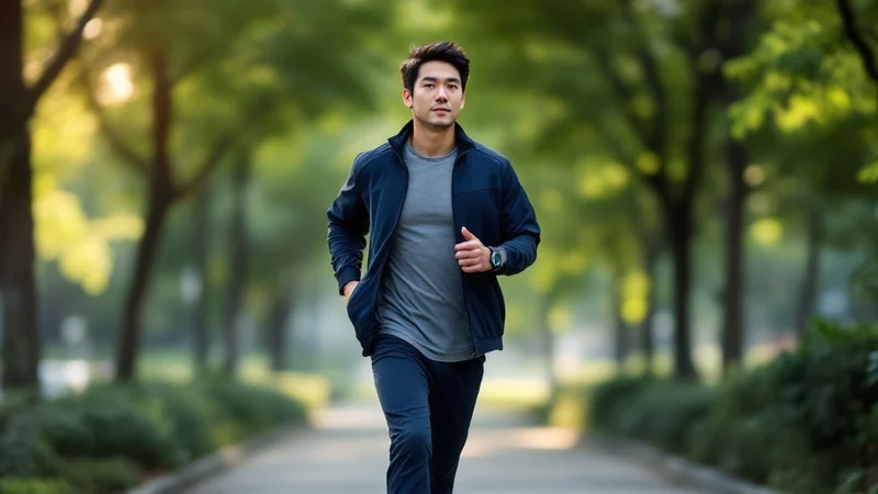 早朝の公園で爽やかにウォーキングをする運動習慣のある40代後半の日本人男性、スマートウォッチを着用