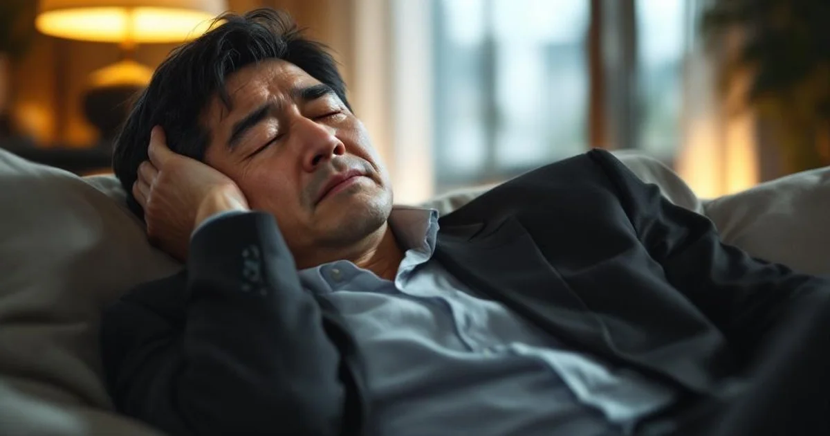 疲れた様子でソファに座りうなだれる40代の日本人男性