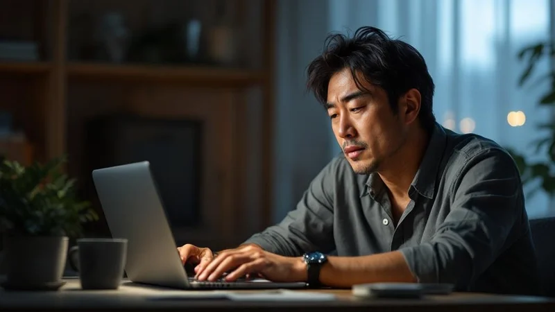 夜間に自宅デスクでパソコンに向かいながら疲れ果てた表情の40代日本人男性