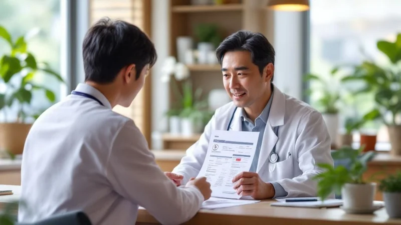 内科の診察室で医師と話す40代の日本人男性。疲れの原因を血液検査で調べる場面