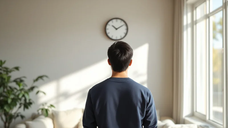 明るいリビングで壁掛け時計を見上げている男性の後ろ姿