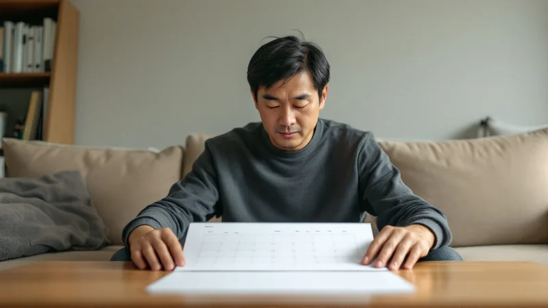 自宅のリビングでカレンダーを広げ、検査の日程を決めている40代後半の男性