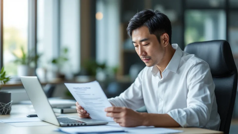 オフィスのデスクで、健康診断の案内書類を読んでいる40代後半の男性
