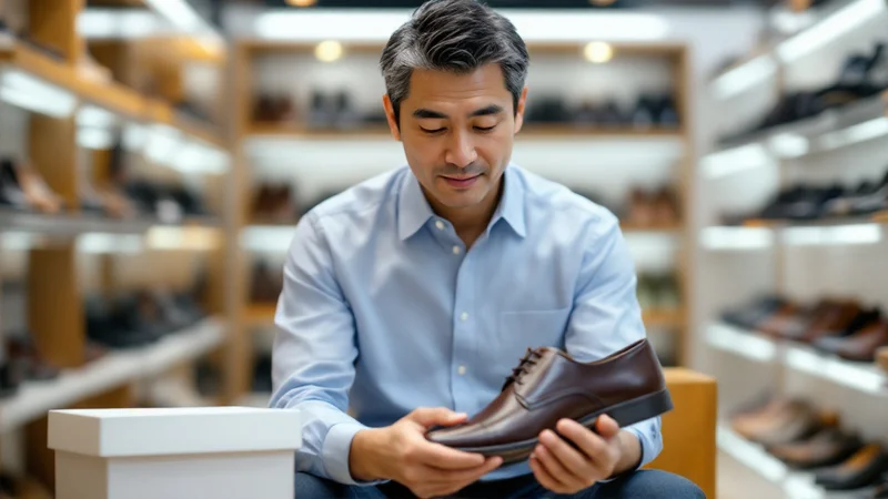 靴店のフィッティングベンチで、革靴を手に取り横幅を確かめている50代の男性