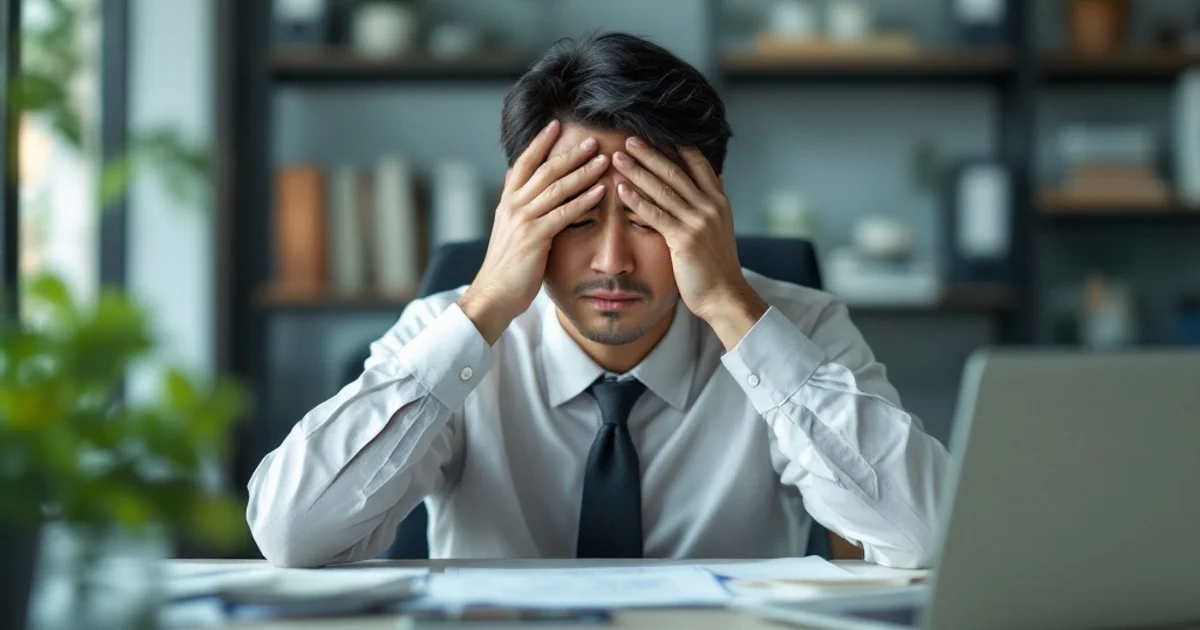 デスクで眉間に手を当て疲れた表情を見せる40代日本人男性のオフィスの様子