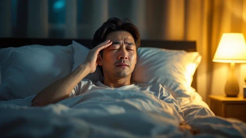 夜、ベッドの上で額に手を当てて辛そうな表情を見せる40代日本人男性、ベッドサイドランプが灯る寝室