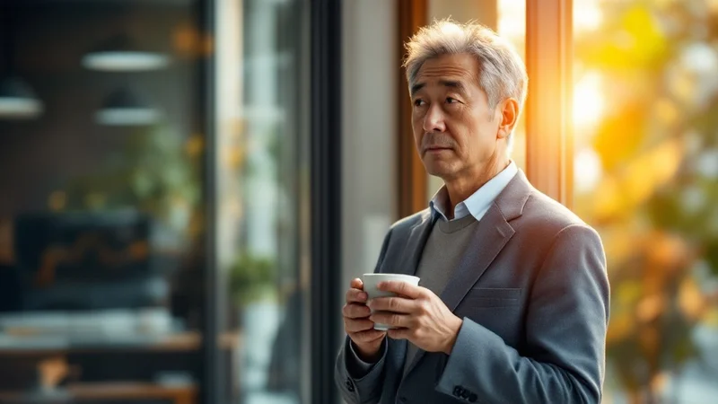 オフィスの窓際でコーヒーカップを両手に持ち、物思わしげな表情を見せる40代日本人男性