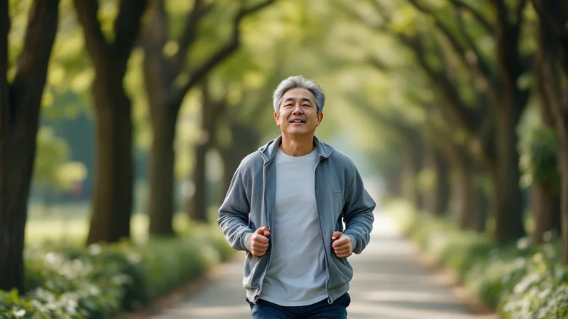 緑豊かな並木道を爽やかな表情で軽くジョギングする40代日本人男性