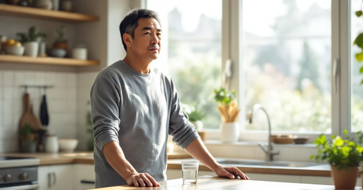 明るい朝のキッチンでカウンターに手をつき、疲れた表情で窓の外を見ている40代の日本人男性の写真
