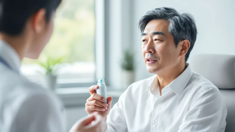 明るい診察室で、吸入器を手に持って医師の説明を受けている40〜50代の日本人男性の写真