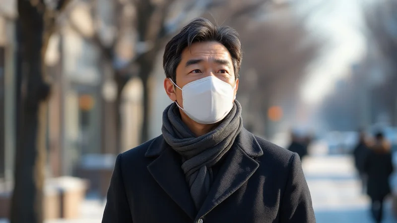 冬の明るい朝、マスクをして街の歩道を歩いている40代の日本人男性の写真