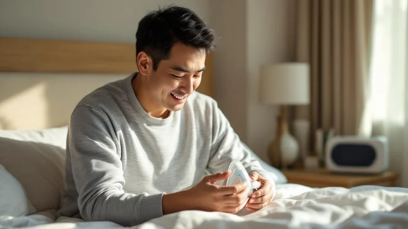 朝の寝室でCPAPマスクを手に取り、すっきりした表情を浮かべる40代日本人男性。ベッドサイドにCPAP本体が見える